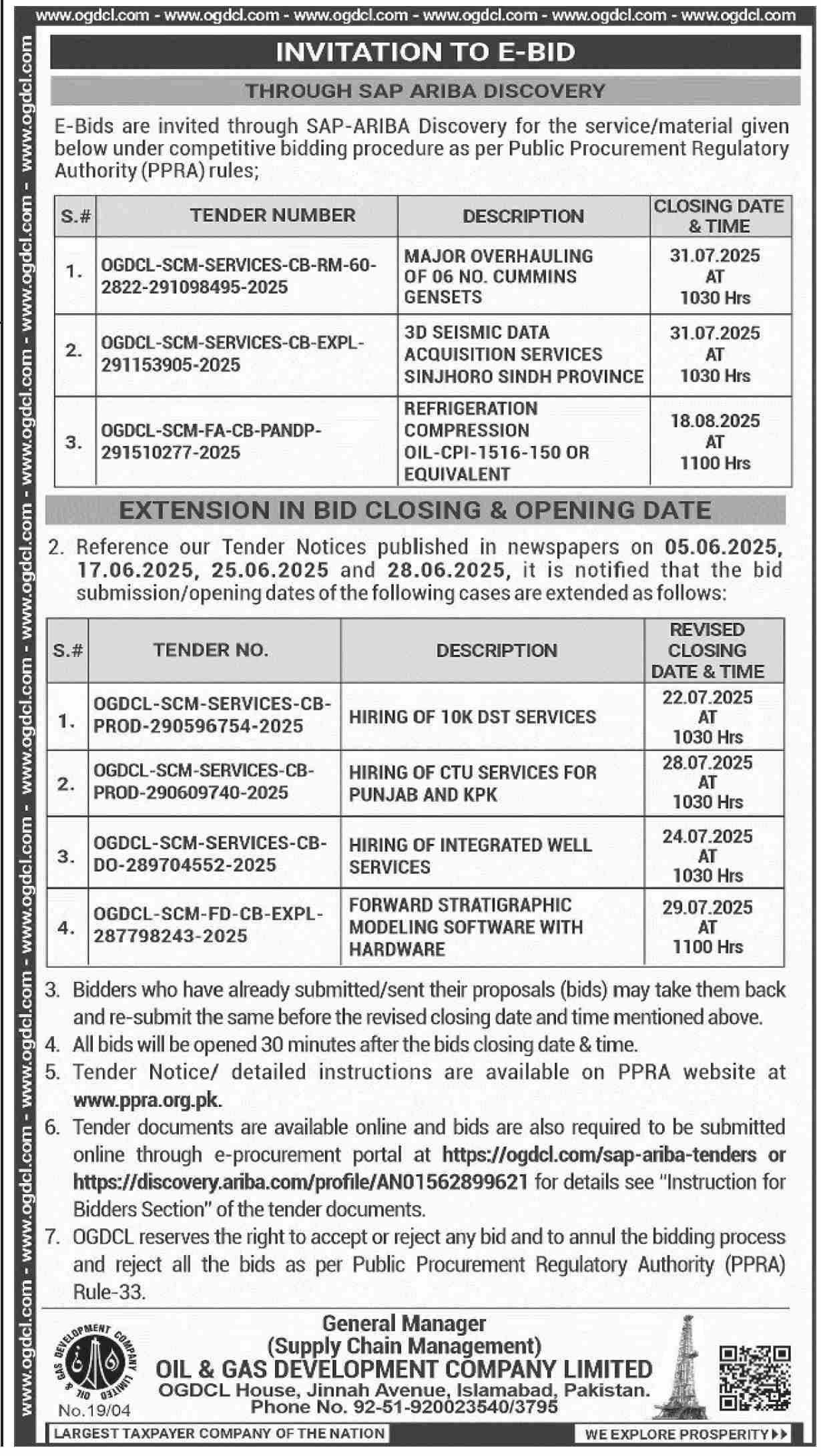 Oil & Gas Development Company Limited Islamabad Tender Notice